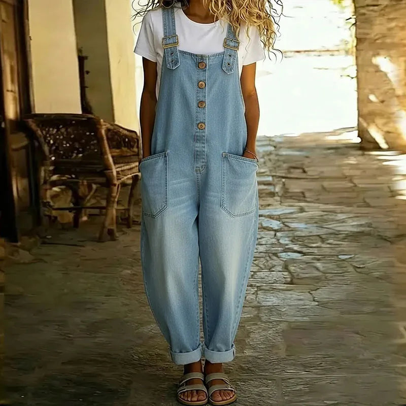Saylor - Salopette Vintage en Coton Doux Look Denim avec Bretelles Ajustables