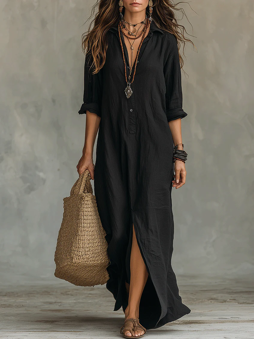 Soline™ | Abito Maxi Nero Lungo con Bottoni
