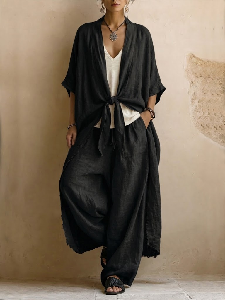 Set Naturale di 2 Pezzi™ - Stile Boho con Cardigan Lungo e Pantaloni